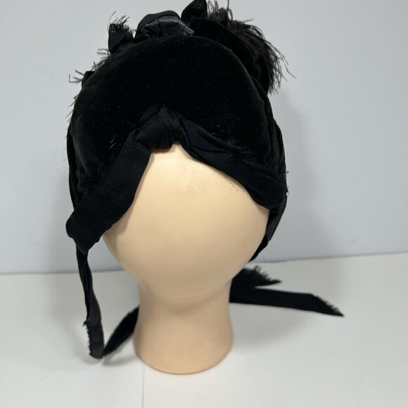 Antique Victorian Mourning Hat Bonnet Black Velvet Ribbons Feathers Beads Black main image 7